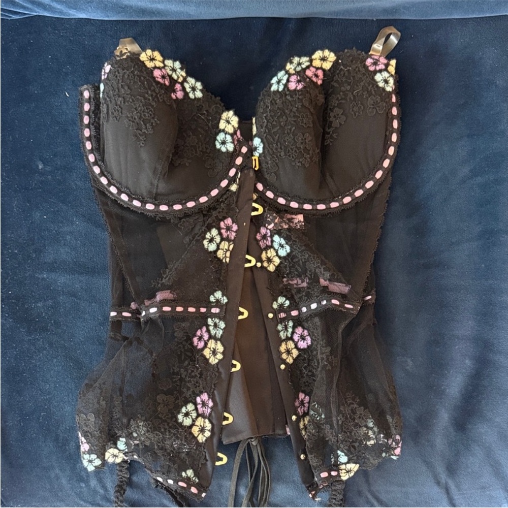 Agent Provocateur Black Lace Bustier with Pastel Floral Embroidery